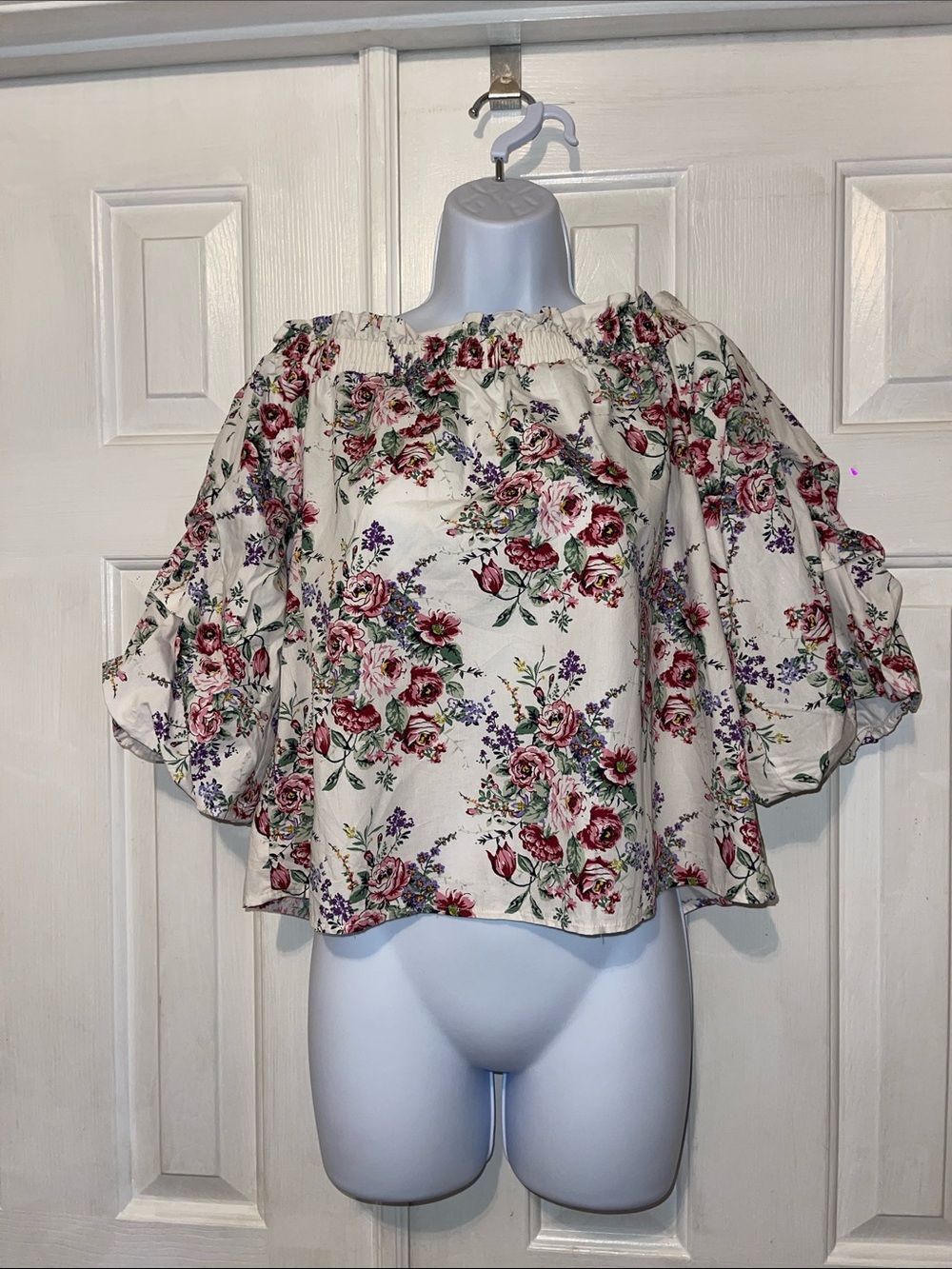 Haute Monde Cream Off-Shoulder Floral Blouse with  Burgundy & Lavender Print